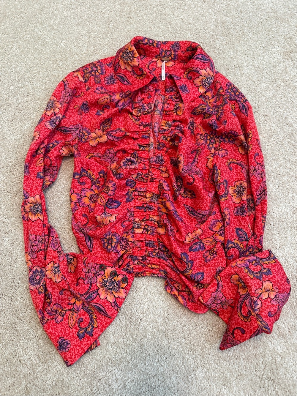 Free People Red Floral Ruffle-Front Blazer